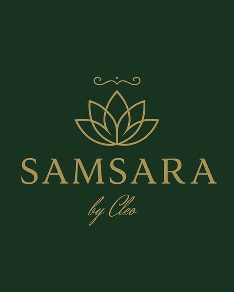 Samsara by Cleo logo with gold lotus flower design on dark green background