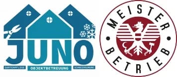 JUNO and Meister Betrieb logos featuring blue houses with religious symbols and a burgundy circular badge