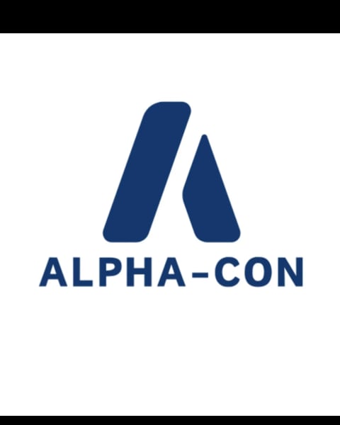 Alpha-Con company logo featuring two blue geometric shapes above the text ALPHA-CON in dark blue